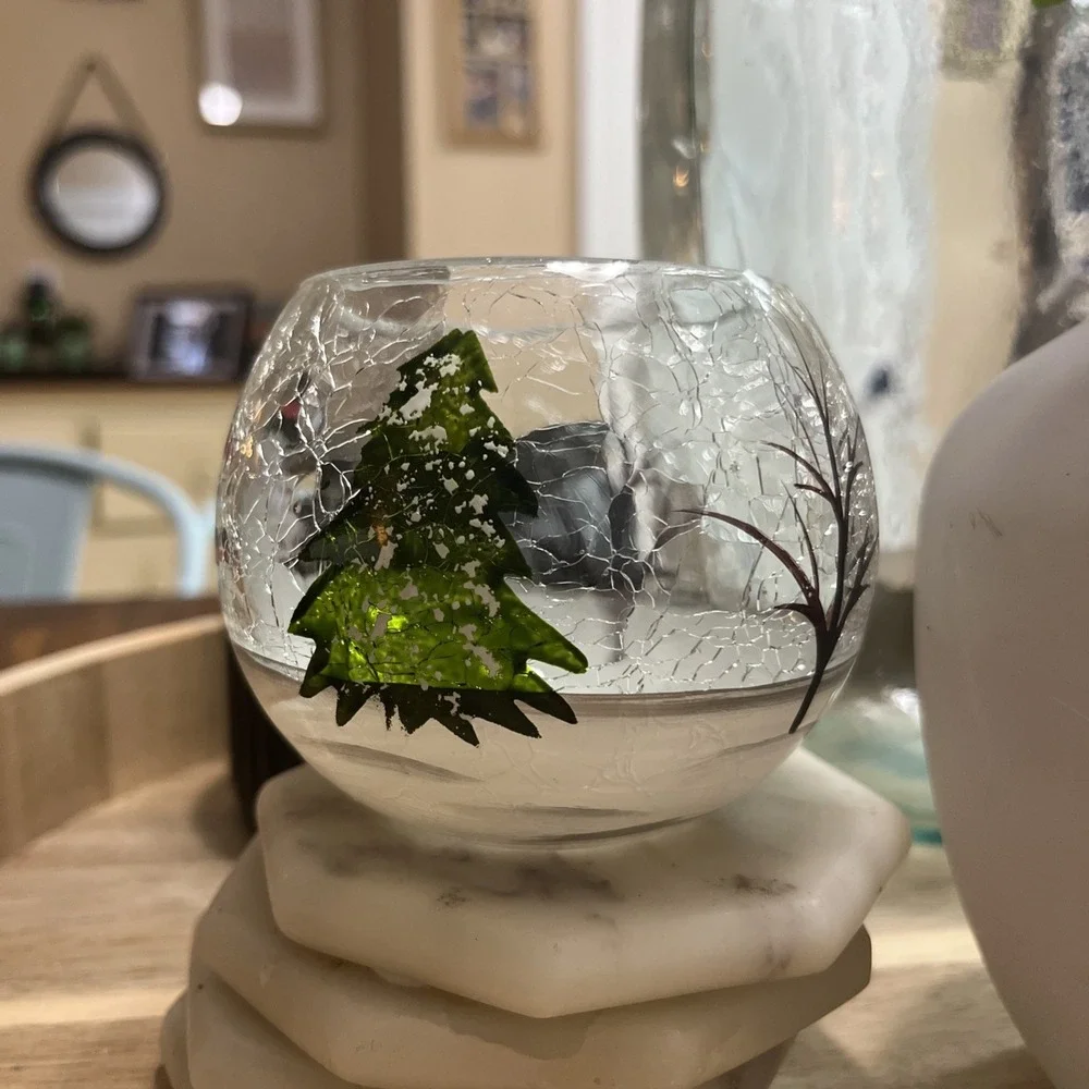 Crackle Glass Snowman Tea Light Candle Holder Christmas Holiday Decor Lot Of 2